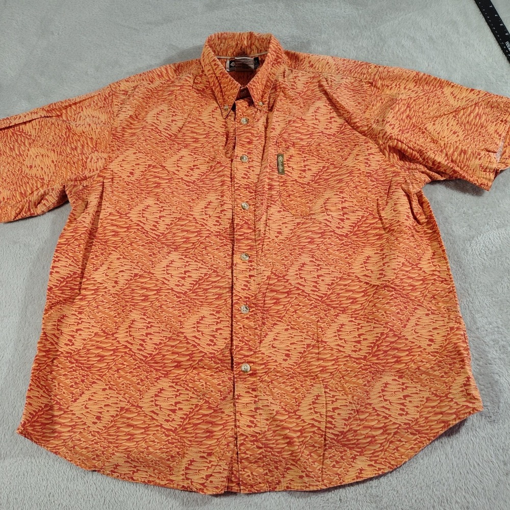 Columbia Shirt Men L Orange Fish Office Dad Work Short‎ Sleeve Cotton